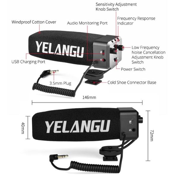 YELANG MIC09 Shotgun Gain Condenser Broadcast Microphone with Windshield for Canon / Nikon / Sony DSLR Cameras, Smartphones (Black) - Image 12