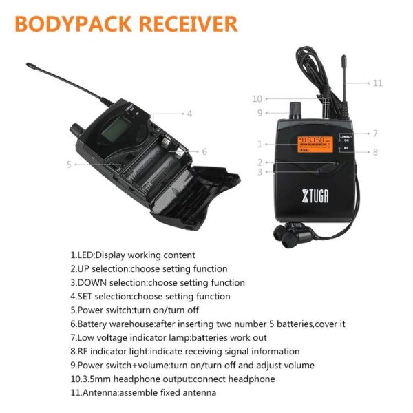 XTUGA RW2080 UHF Wireless Stage Singer In-Ear Monitor System Single BodyPack Receiver - Image 3