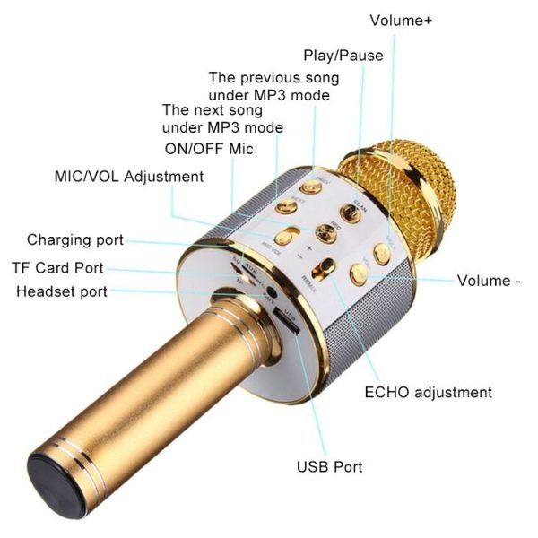 WS-858 Metal High Sound Quality Handheld KTV Karaoke Recording Bluetooth Wireless Microphone, for Notebook, PC, Speaker, Headphone, iPad, iPhone, Galaxy, Huawei, Xiaomi, LG, HTC and Other Smart Phones (Gold) - Image 3