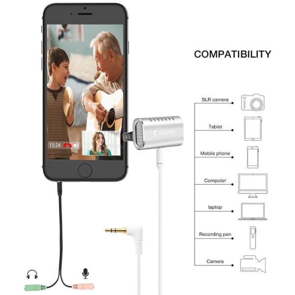 Yanmai R977 Recording Clip-on Lapel Mic Lavalier Omni-directional Double Condenser Microphone, Compatible with PC / iPad / Android and others, for Live Broadcast, Show, KTV, etc (Silver) - Image 6