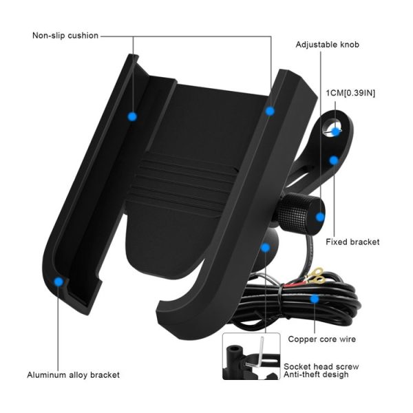 CS-1068D1 Motorcycle Aluminum Alloy Mobile Phone Holder Bracket with Charging Function, Mirror Holder Version (Black) - Image 5