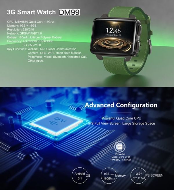 DOMINO DM99 Smart Watch Phone, 1GB+16GB, 2.2 inch Android 5.1, MTK6580 Quad Core 1.3GHz, Network: 3G, 1.3MP Camera / Heart Rate / Pedometer / GPS / WiFi / Bluetooth (Black) - Image 7