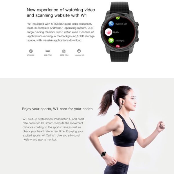 AllCall W1 Smart Watch Phone, 2GB+16GB, Life Waterproof, 1.39 inch Android 5.1, MTK6580 Quad Core 1.0GHz, Network: 3G, Heart Rate / Pedometer / Weather / GPS / Bluetooth (Tarnish) - Image 9
