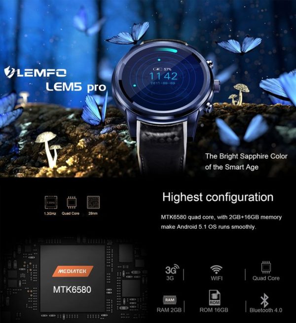 LEMFO LEM5 PRO Smart Watch Phone, 2GB+16GB, IP55 Life Waterproof, 1.39 inch Touch Screen Android 5.1, MTK6580 Quad Core 1.3GHz, Network: 3G, Heart Rate / Pedometer / Google Play / Weather / GPS / WiFi / Bluetooth - Image 6