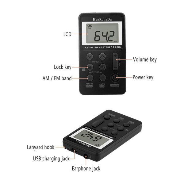 Portable AM / FM Two Bands Rechargeable Stereo Radio Mini Receiver with & LCD Screen & Earphone Jack & Lanyard (Black) - Image 5