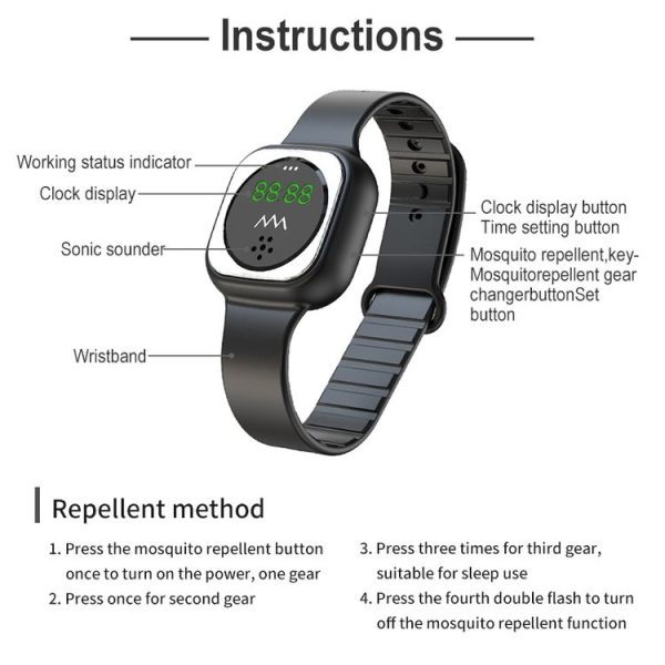 F9 Outdoor Silica Gel Mosquito Repellent Wristband with Clock (Black) - Image 6