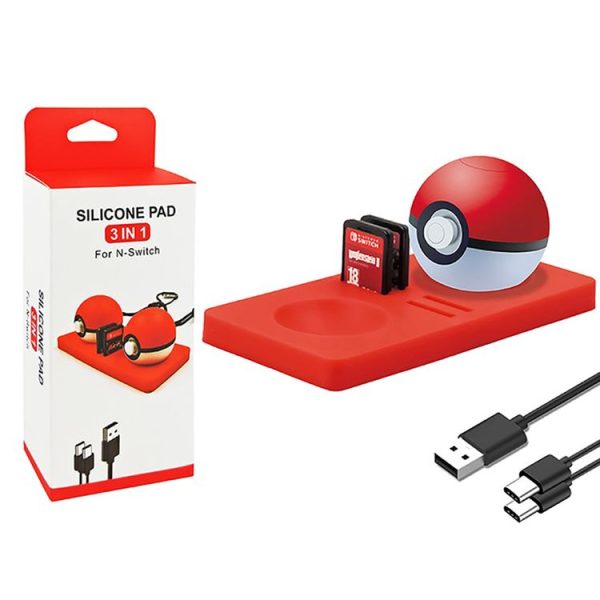 3 in 1 Silicone Pad Charger for N-Switch Poke Ball Plus with 4 Games Cards Slot (Red) - Image 8