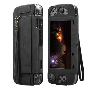 Portable Shockproof Leather Protective Case for Nintendo Switch, with Holder & Card Slot & Lanyard (Black)