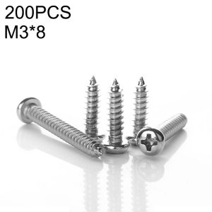 200 PCS 201 Stainless Steel Cross Round-headed Tapping Thread Screw, M3x8