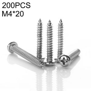 200 PCS 201 Stainless Steel Cross Round-headed Tapping Thread Screw, M4x20
