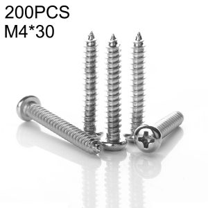 200 PCS 201 Stainless Steel Cross Round-headed Tapping Thread Screw, M4x30