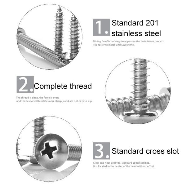 200 PCS 201 Stainless Steel Cross Round-headed Tapping Thread Screw, M5x30 - Image 4