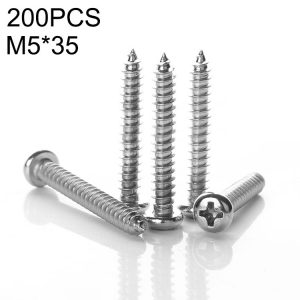 200 PCS 201 Stainless Steel Cross Round-headed Tapping Thread Screw, M5x35