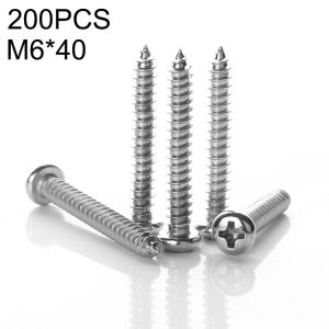 200 PCS 201 Stainless Steel Cross Round-headed Tapping Thread Screw, M6x40