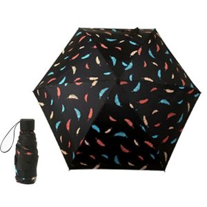 Five Folding Ultralight Umbrella, Women Waterproof Anti-UV (Black Feather Pattern)