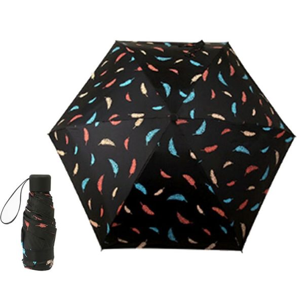 Five Folding Ultralight Umbrella, Women Waterproof Anti-UV (Black Feather Pattern)