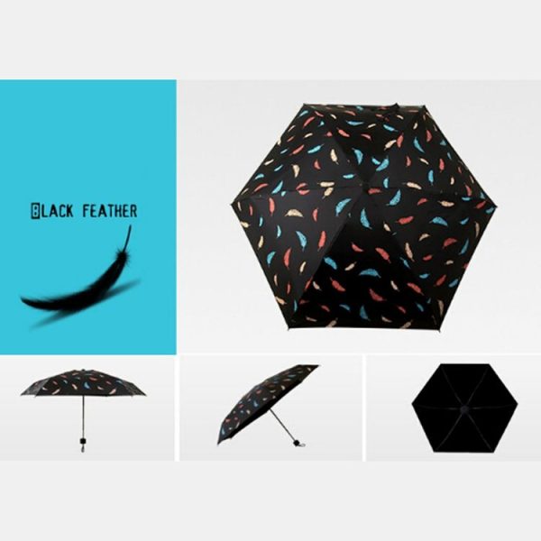 Five Folding Ultralight Umbrella, Women Waterproof Anti-UV (Black Feather Pattern) - Image 3