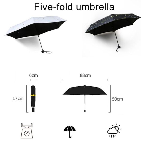 Five Folding Ultralight Umbrella, Women Waterproof Anti-UV (Black Feather Pattern) - Image 7