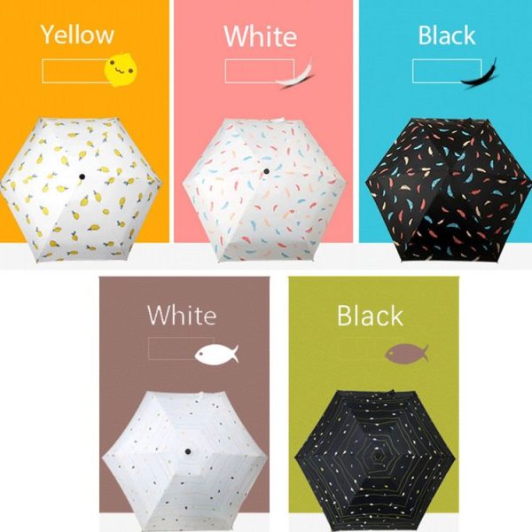 Five Folding Ultralight Umbrella, Women Waterproof Anti-UV (Black Feather Pattern) - Image 8