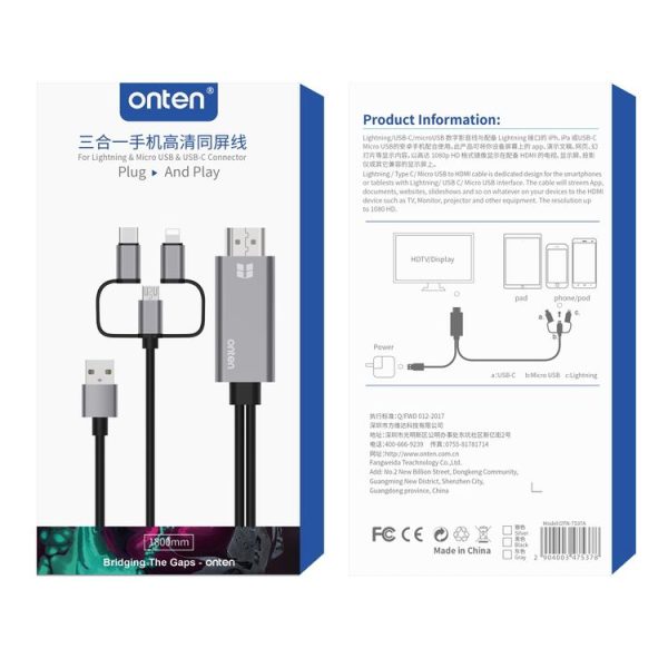 Onten OTN-7537A 3 in 1 1080P Mobile HD Screen Player Adapter Cable (Grey) - Image 8