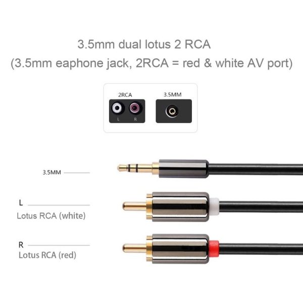 2m Gold Plated 3.5mm Jack to 2 x RCA Male Stereo Audio Cable - Image 4