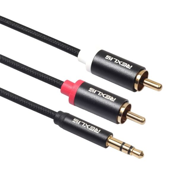 REXLIS 3635 3.5mm Male to Dual RCA Gold-plated Plug Black Cotton Braided Audio Cable for RCA Input Interface Active Speaker, Length: 1m - Image 2