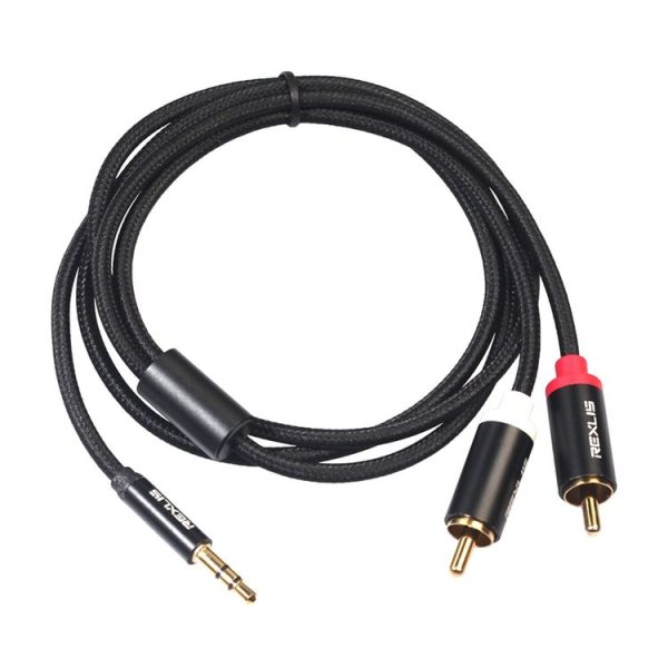 REXLIS 3635 3.5mm Male to Dual RCA Gold-plated Plug Black Cotton Braided Audio Cable for RCA Input Interface Active Speaker, Length: 1m - Image 3