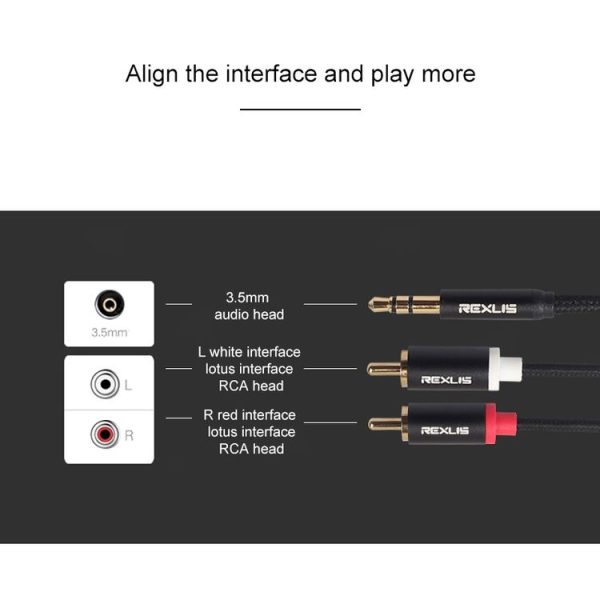 REXLIS 3635 3.5mm Male to Dual RCA Gold-plated Plug Black Cotton Braided Audio Cable for RCA Input Interface Active Speaker, Length: 1.8m - Image 9