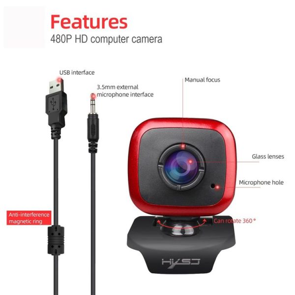 HXSJ A849 480P Adjustable 360 Degree HD Video Webcam PC Camera with Microphone (Black Red) - Image 10