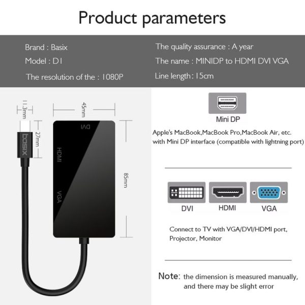 Basix D1 Mini DP to HDMI + DVI + VGA 1080P Multi-function Converter, Cable Length: 15cm (Black) - Image 3