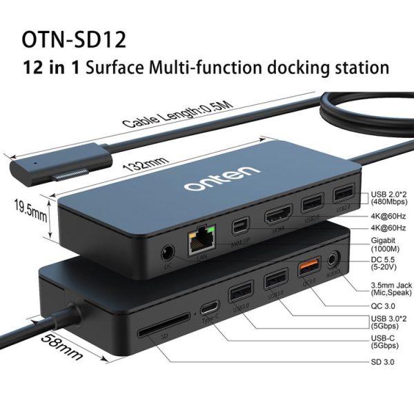 Onten SD12 For Microsoft Surface 12 in 1 Multi-function Docking Station - Image 4