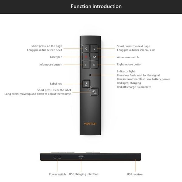 VIBOTON PP930 2.4GHz Multimedia Presentation Remote PowerPoint Clicker Wireless Presenter Handheld Controller Flip Pen, Control Distance: 30m (Black) - Image 4