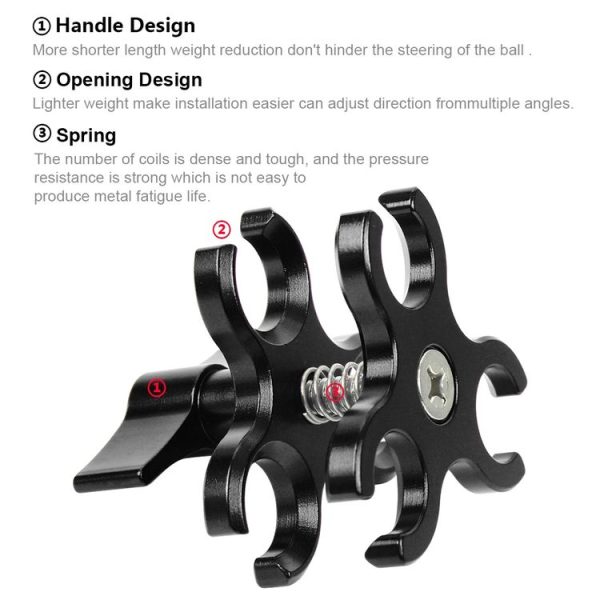 PULUZ Triple Ball Clamp Open Hole Diving Camera Bracket CNC Aluminum Spring Flashlight Clamp for Diving Underwater Photography System (Black) - Image 3