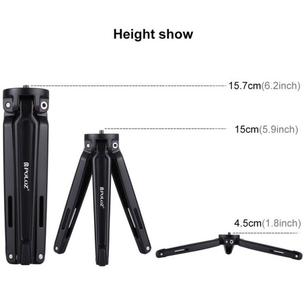 PULUZ Pocket Mini Metal Desktop Tripod Mount with 1 / 4 inch to 3 / 8 inch Thread Adapter Screw for DSLR & Digital Cameras, Adjustable Height: 4.5-15cm, Max Load: 20kg (Black) - Image 4