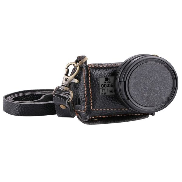 PULUZ for GoPro HERO7 Black / 6 / 5 Litchi Texture Genuine Leather Housing Case with Set Key Hole & Neck Strap & 52mm UV Lens (Black)