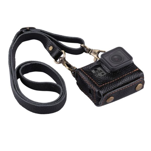 PULUZ for GoPro HERO7 Black / 6 / 5 Litchi Texture Genuine Leather Housing Case with Set Key Hole & Neck Strap & 52mm UV Lens (Black) - Image 2