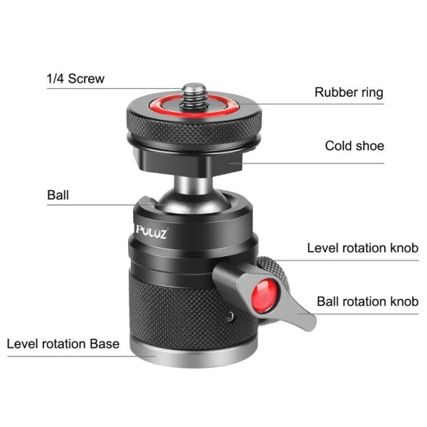 PULUZ Aluminum Alloy Ball Head Tripod Mount with Cold Shoe Base (Black) - Image 3