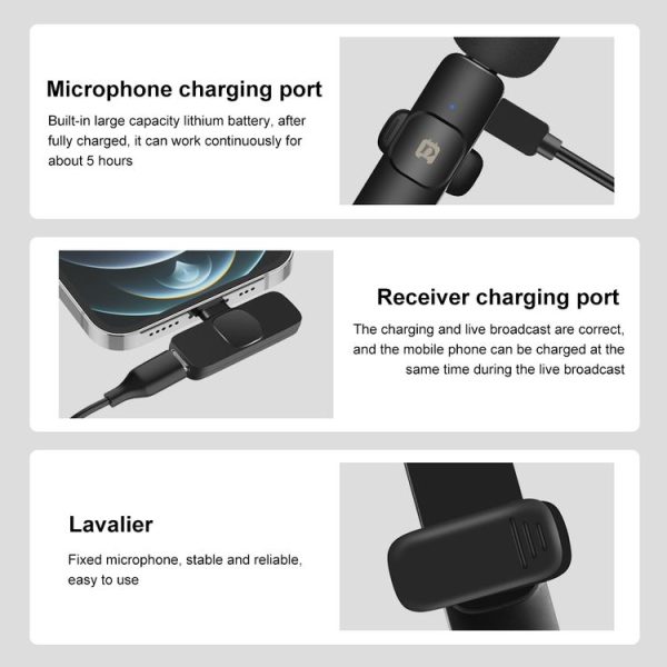 PULUZ Wireless Lavalier Noise Reduction Reverb Microphone for 8-Pin Device, Support Phone Charging (Black) - Image 3