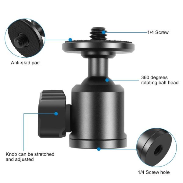 PULUZ 1 / 4 inch Inner Screw Metal Tripod Ball Head Adapter with Knob Lock (Black) - Image 3
