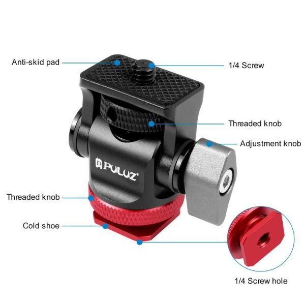 PULUZ Mini 180 Degree Swing Tripod Ball Head Cold Shoe Mount Adapter (Red) - Image 3