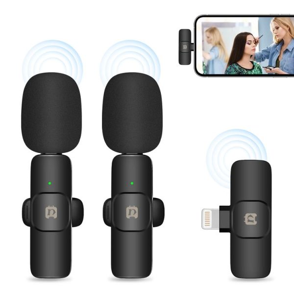 PULUZ Wireless Lavalier Noise Reduction Reverb Microphones for iPhone / iPad, 8-Pin Receiver and Dual Microphones (Black)