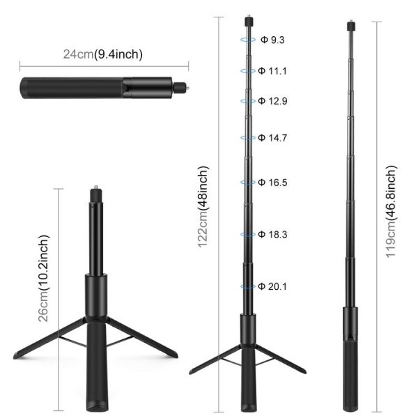 PULUZ 1.22m Retractable Invisible Selfie Stick with Tripod For Insta360 X4 / X3 (Black) - Image 3