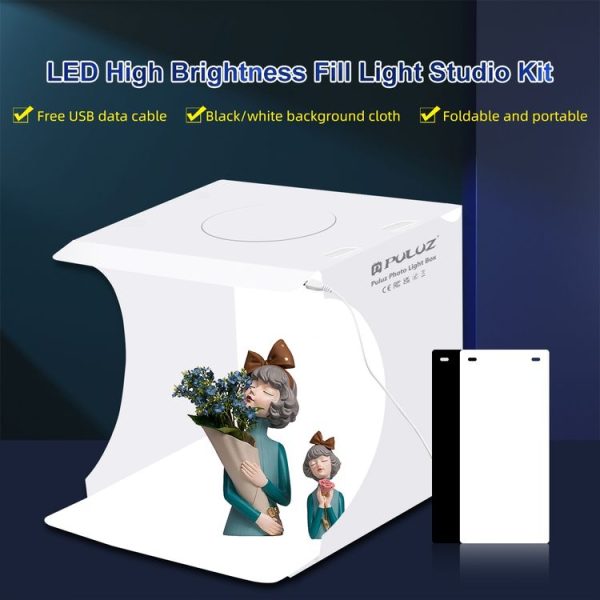 PULUZ 20cm Folding Portable 550LM Light Photo Lighting Studio Shooting Tent Box Kit with 2 Colors Backdrops (Black, White), Unfold Size: 24cm x 23cm x 23cm - Image 2