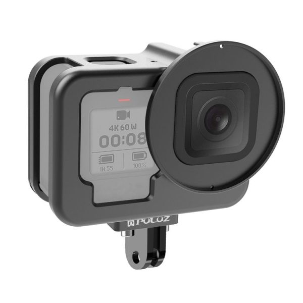 GoPro HERO13 Black / 12 Black / 11 Black / 10 Black / 9 Black PULUZ Thin Housing Shell CNC Aluminum Alloy Protective Cage with Insurance Frame & 52mm UV Lens (Black)