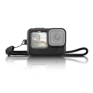 PULUZ for GoPro HERO12 Black / 11 Black / 10 Black / 9 Black Silicone Protective Case Cover with Wrist Strap & Lens Cover (Black)