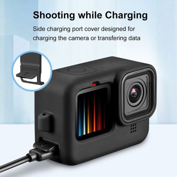 PULUZ for GoPro HERO12 Black / 11 Black / 10 Black / 9 Black Silicone Protective Case + POM Side Interface Cover with Wrist Strap & Lens Cover (Black) - Image 4