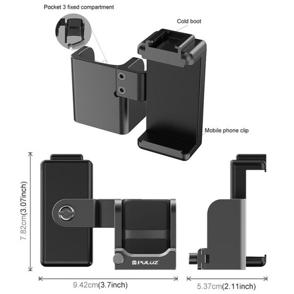 DJI OSMO Pocket 3 PULUZ Protective Frame Expansion Phone Clamp Adapter Bracket (Black) - Image 3