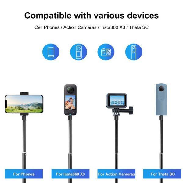 PULUZ 70cm Metal Selfie Stick Monopod with Invisible Adapter Base & Screw for Insta360 One RS / X2 / X3 - Image 5