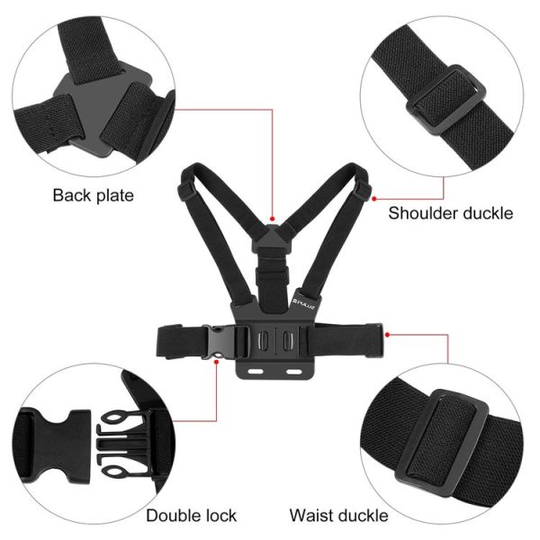 PULUZ 5 in 1 Adjustable Body Mount Belt Chest Strap with Phone Clamp & J Hook Mount & Long Screw Kit - Image 3