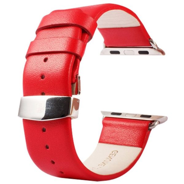 Kakapi for Apple Watch 42mm Subtle Texture Double Buckle Genuine Leather Watch Band with Connector (Red)